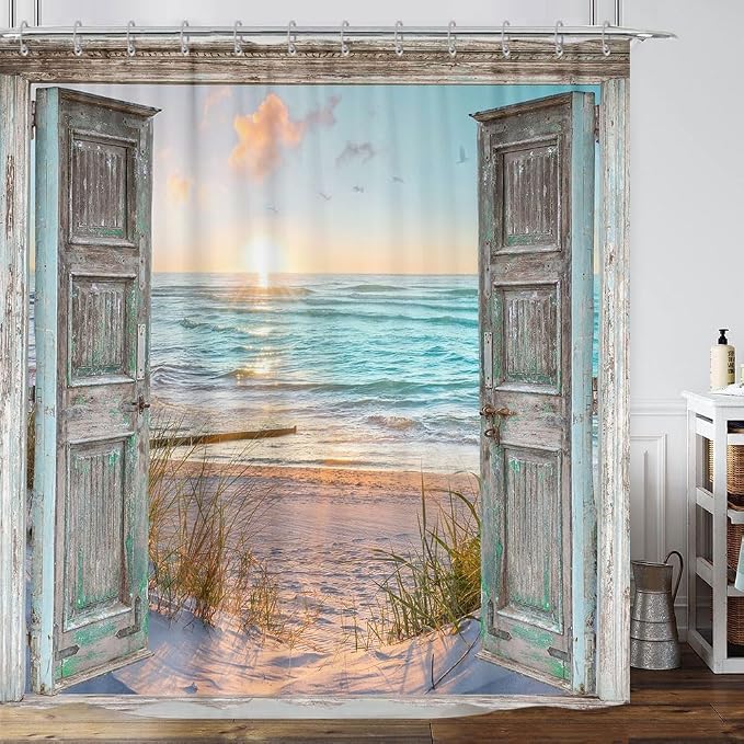 Boho Beach Coastal Shower Curtain, Teal Ocean Sunrise Seaside Seascape Nautical Beachy Shower Curtain Set, Rustic Barn Door Seashore Fabric Shower Curtain for Bathroom 12 Hooks, 72"×84" Turquoise