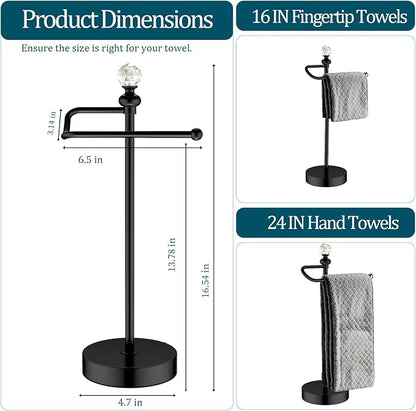 ROLABAM Heavy Weighted Hand Towel Holder(with Crystal Ball) Standing Hand Towel Holder Total Height 15.7'' for Kitchen,Bathroom,Vanity,Classic Decorative Metal Hand Towel Stand,Matte Black