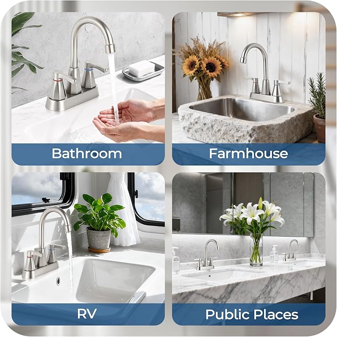 Brushed Nickel Bathroom Faucet 3 Hole, 4 Inch 2-Handle Centerset Bathroom Sink Faucet, Faucet for Bathroom Sink 360° Swivel Bathroom Faucets RV Lavatory Vanity Faucet with Pop-up Drain