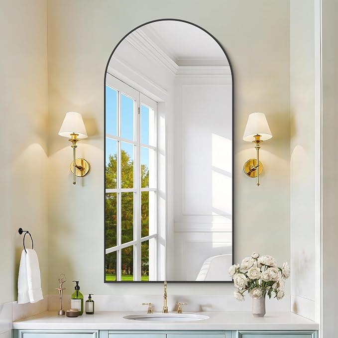 COFENY Arched Mirror, 24’’x48’’ Black Arch Mirror for Bathroom, Arched Bathroom Mirror with Frame, Modern Wall Mounted Mirror for Over Sink Mantle Bedroom Vanity Living Room Entryway