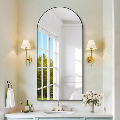 COFENY Arched Mirror, 24’’x48’’ Black Arch Mirror for Bathroom, Arched Bathroom Mirror with Frame, Modern Wall Mounted Mirror for Over Sink Mantle Bedroom Vanity Living Room Entryway