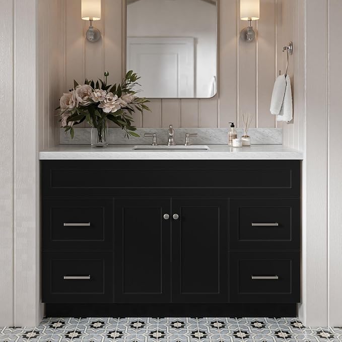 DKB Bradford 54" Black Single Bathroom Vanity with Sink, 1.5" Italian Carrara Marble Countertop, Rectangular Undermount Sink, 2 Soft Closing Doors, 4 Dovetail Drawers