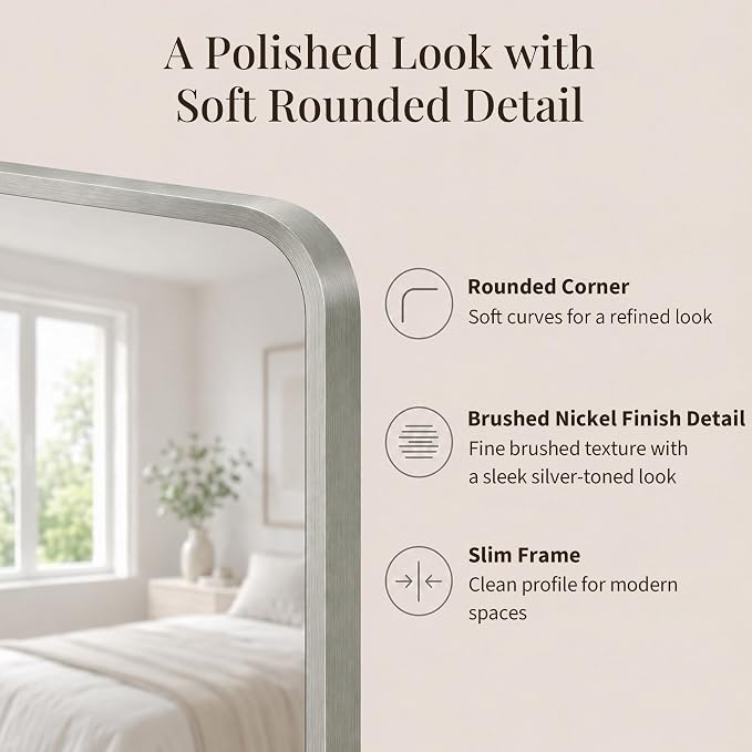 30x48 Inch Brushed Nickel Rounded Rectangle Bathroom Vanity Mirror | For Over-Sink Bathrooms, Corrosion-Resistant Aluminum Frame, Slim Front Profile, Vertical or Horizontal Layout