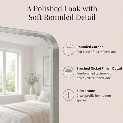 30x48 Inch Brushed Nickel Rounded Rectangle Bathroom Vanity Mirror | For Over-Sink Bathrooms, Corrosion-Resistant Aluminum Frame, Slim Front Profile, Vertical or Horizontal Layout