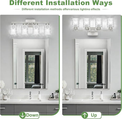 4-Light Bathroom Light Fixtures, Brushed Nickel Vanity Lights Over Mirror | Wall Sconces with Clear Textured Glass Shades for Living Room Bedroom Hallway,E26 Base (Bulbs Not Included)
