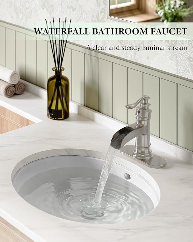 Homevacious Bathroom Faucet Brushed Nickel Waterfall Bathroom Sink Faucets with Single Handle Rustic Vanity Farmhouse RV Faucet Suitable for 1 or 3 Holes with Pop-up Drain Deck Plate Hose