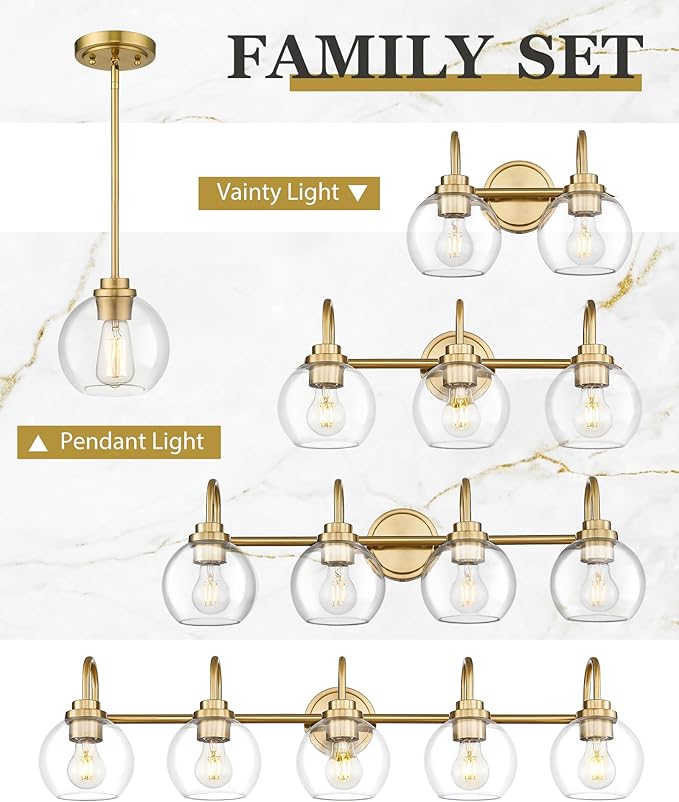 Bathroom Light Fixtures, 2-Light Brushed Gold Vanity Lights with Globe Clear Glass, Champagne Bronze Vanity Lighting Fixtures Over Mirror, AD-22280-2W-GD