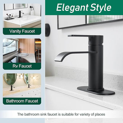 VOTON Matte Black Waterfall Bathroom Faucet, Single Handle 1 or 3 Hole Modern Sink Faucet with Deck Plate & Pop-Up Drain, RV Camper Washbasin Tap