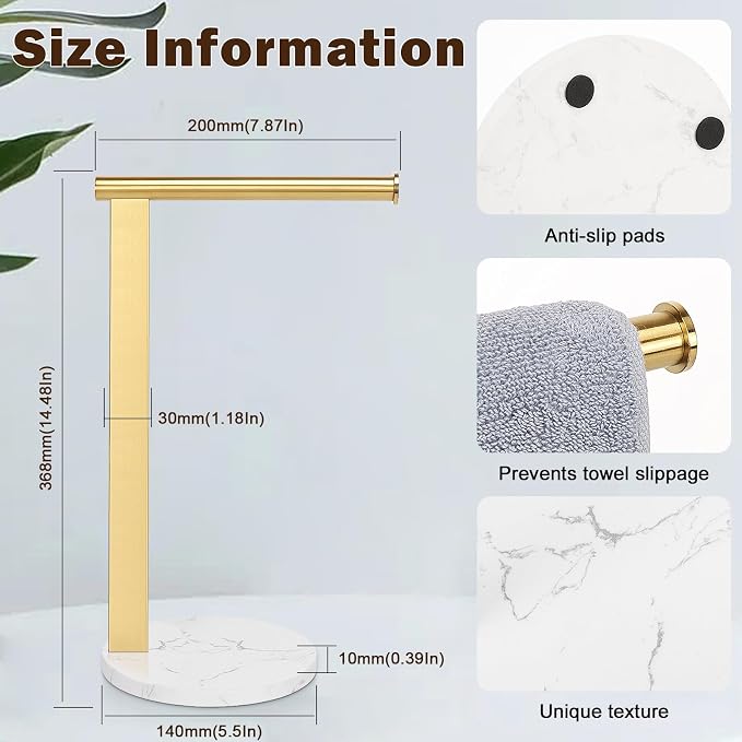 Hand Towel Holder Stand for Bathroom, L- Shaped Standing Hand Towel Rack, Towel Bar Kitchen Vanity Countertop Organizer, SUS304 Stainless Steel Material (Marble Base, Gold)