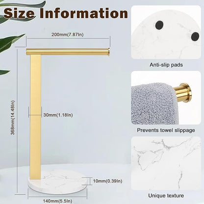 Hand Towel Holder Stand for Bathroom, L- Shaped Standing Hand Towel Rack, Towel Bar Kitchen Vanity Countertop Organizer, SUS304 Stainless Steel Material (Marble Base, Gold)