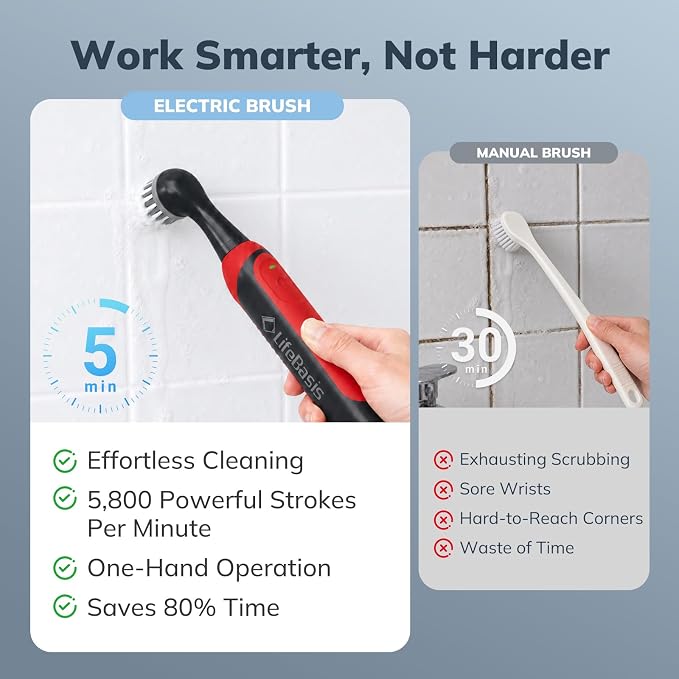 LifeBasis Cordless Rechargeable Power Scrubber Brush, Red | Water-resistant Compact Scrubber with 5 Replaceable Brush Heads for Grout, Tile, Shower, Tub, Kitchen and Bathroom Cleaning