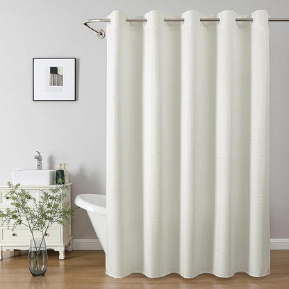 No Hook long Waffle Shower Curtain, No Liner Needed, 71x86 Inch, Cream | 100% waterproof TPU-laminated backing, magnetic weighted hem, machine washable, shower curtain set for bathroom or hotel use