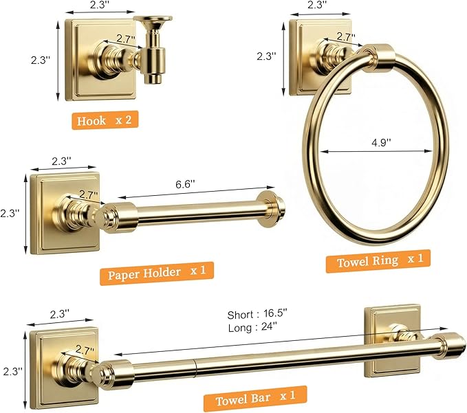 Champagne Bronze Bathroom Accessories Set, 5 Piece Bathroom Towel Holder Set, SUS304 Stainless Steel 24" Towel Bar, Towel Rack Set for Bathroom, Bathroom Hardware Set Wall Mounted