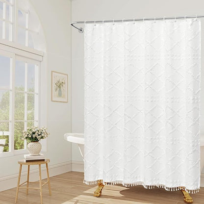 White Boho Woven Fabric Shower Curtain with Tassel 72x78, Tufted Textured | Modern Farmhouse Curtain for Bathroom, Long Bathroom Curtain, Minimalist Decor, Waterproof