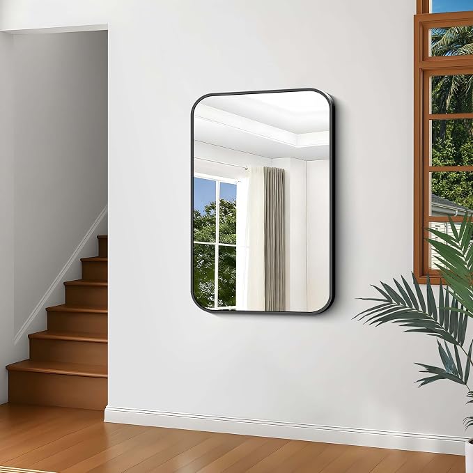 Black Bathroom Mirror, 28x42 inch Aluminum Metal Frame Rectangular Vanity Mirror, Wall Mounted Rectangle Mirrors with Rounded Corner for Bedroom Living Room Hangs Horizontal Or Vertical