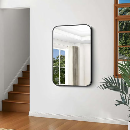 Black Bathroom Mirror, 28x42 inch Aluminum Metal Frame Rectangular Vanity Mirror, Wall Mounted Rectangle Mirrors with Rounded Corner for Bedroom Living Room Hangs Horizontal Or Vertical