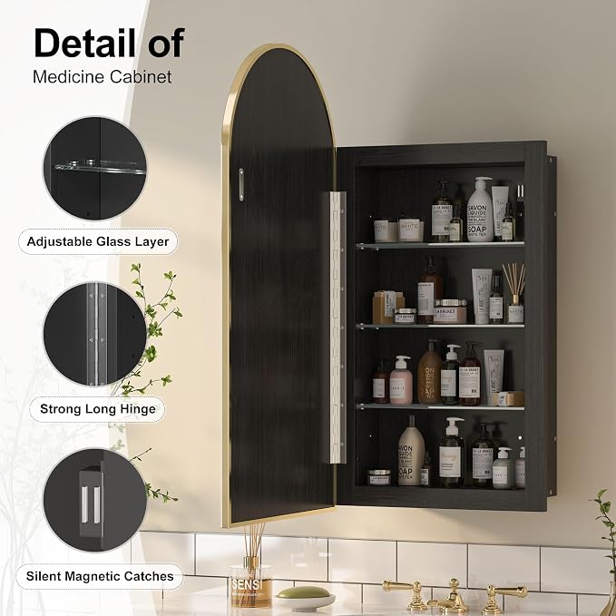 Recessed Medicine Cabinet Mirror,Brushed Gold Arched Bathroom Medicine Cabinet with Mirror,Metal Edge Mirrored Medicine Cabinets for Bathroom,in Wall Mirrored Cabinets with Storage 16x31