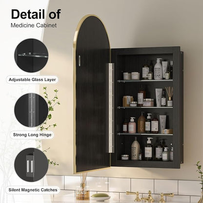 Recessed Medicine Cabinet Mirror,Brushed Gold Arched Bathroom Medicine Cabinet with Mirror,Metal Edge Mirrored Medicine Cabinets for Bathroom,in Wall Mirrored Cabinets with Storage 16x31