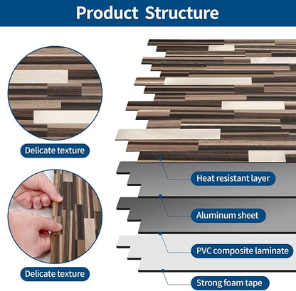 Yipscazo 1 Sheet Peel and Stick Stone Metal Tile Backsplash, Stick on Tiles for Backsplash Kitchen, Bathroom, Laundry Room, Camper, Fireplace (12'' X 12'', Brown Wood)
