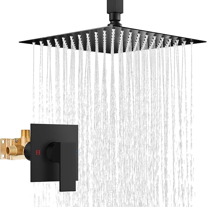 Airuida 12 Inch Matte Black Shower Faucet Set,Rainfall Shower System | Ceiling Shower Head,Male Thread Rough-in Valve,Ceiling Mount,Single Handle
