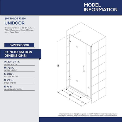 DreamLine Unidoor 33-34 in. W x 72 in. H Frameless Hinged Shower Door in Satin Black, SHDR-20337210-09