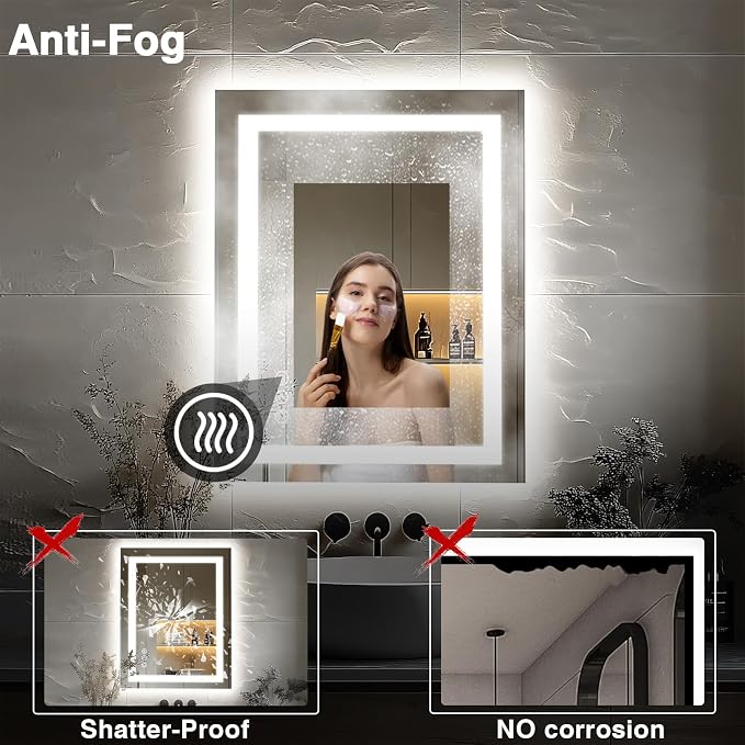 EchosLife 24"x36" LED Bathroom Mirrors for Wall | Backlit + Front Lit, Anti-Fog, Stepless Dimmable, 3 Colors, Memory, Tempered Glass, UL Listed, Horizontal/Vertical
