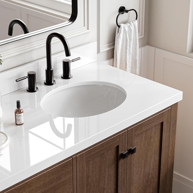 ARIEL Cambridge 72-inch Bathroom Vanity with Sink,Solid Wood, 1.5-inch Pure White Quartz Countertop & Backsplash, Double Oval Porcelain Sink, 4 Soft Closing Doors, 6 Dovetail Drawers, Brown Oak