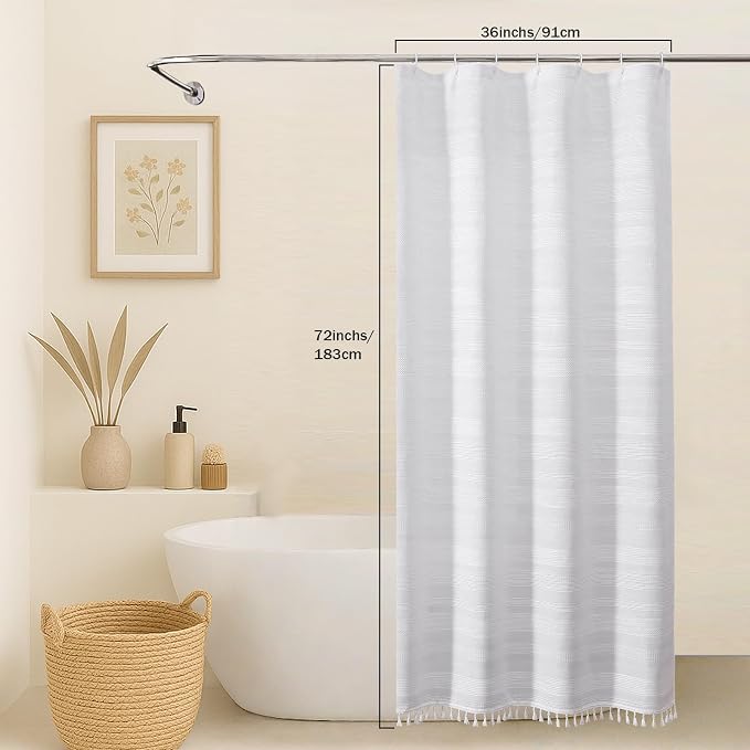 White Boho Stall Shower Curtain, Narrow Soft Fabric Striped Textured Bathroom Shower Curtain with Tassel, Modern Farmhouse Machine Washable Bath Decor, White, 36Wx72L Inches
