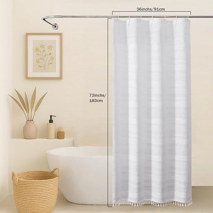 White Boho Stall Shower Curtain, Narrow Soft Fabric Striped Textured Bathroom Shower Curtain with Tassel, Modern Farmhouse Machine Washable Bath Decor, White, 36Wx72L Inches
