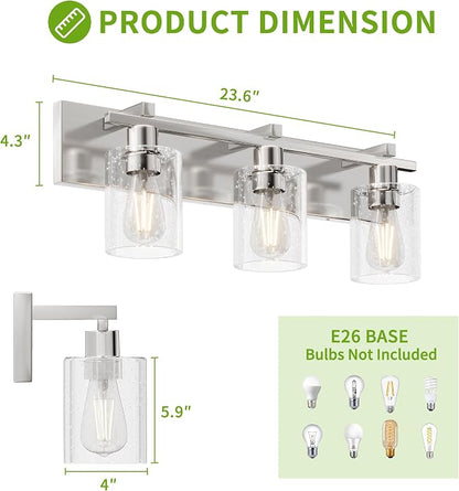 3-Light 21inch Brushed Nickel Vanity Light, Thickened Seeded Glass | Over Mirror for Bathroom, Rust Resistant, E26 Base, Easy Install, Removable Glass Shade Horizontal Mount, Dimmable