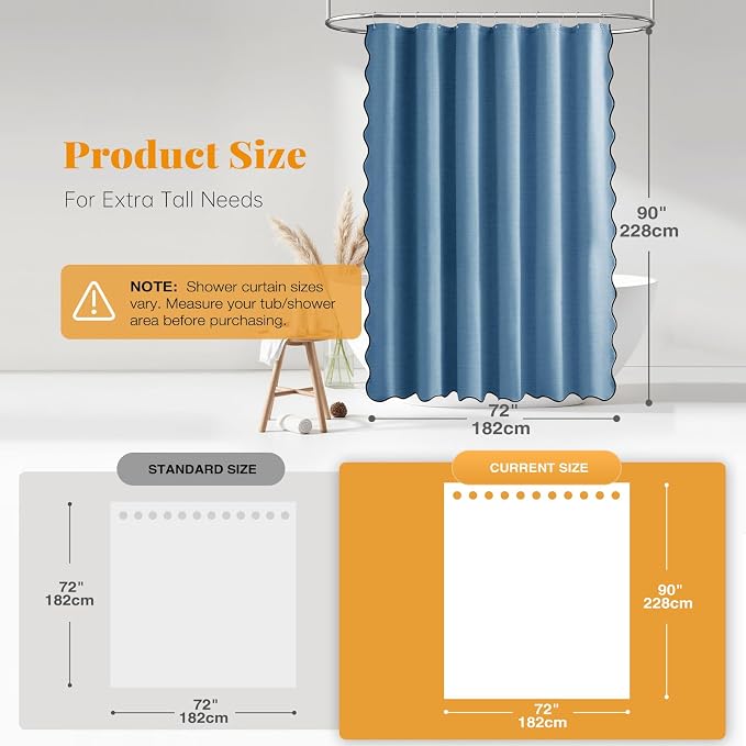BTTN 72x90 Boho Scalloped Linen Textured Shower Curtain Set, MoonlightBlue | Long Size, 230GSM Waterproof Polyester, Heavy Duty Fabric, 12 Plastic Hooks, Elegant Modern Farmhouse Style, Machine Washable