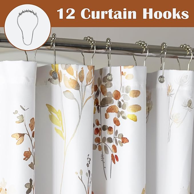 Shower Curtain for Bathroom,Terracotta Rust Burnt Orange Color Fabric Boho Farmhouse Rustic Floral Leaves Theme Shower Curtains Set with Hooks,72x72 Inch
