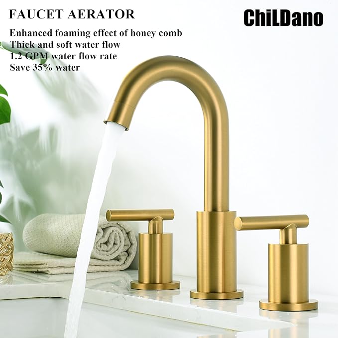 Brushed Brass Bathroom Faucet 3 Hole with Pop Up Drain with Over Flow and Supply Hose, Stainless Steel 8 in Widespread Gold Bathroom Sink Faucet, ChiLDano 2 Handle Gold Bathroom Faucet CH2183BBG