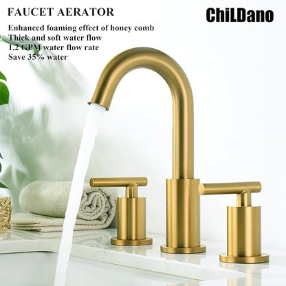 Brushed Brass Bathroom Faucet 3 Hole with Pop Up Drain with Over Flow and Supply Hose, Stainless Steel 8 in Widespread Gold Bathroom Sink Faucet, ChiLDano 2 Handle Gold Bathroom Faucet CH2183BBG
