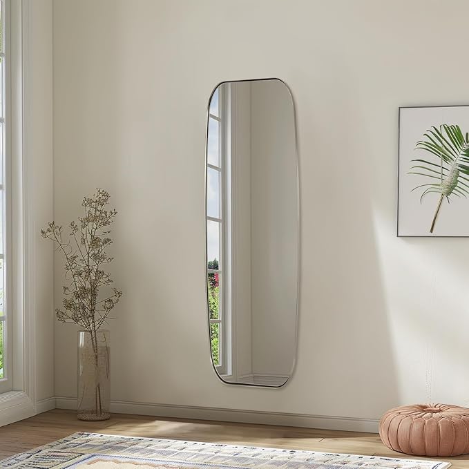 18x48 Full Length Wall Mirror, Brushed Nickel Oblong Shaped Body Mirror with Stainless Steel Metal Frame, Rounded Corner Design for Floor and Leaning