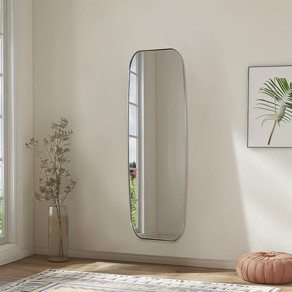 18x48 Full Length Wall Mirror, Brushed Nickel Oblong Shaped Body Mirror with Stainless Steel Metal Frame, Rounded Corner Design for Floor and Leaning