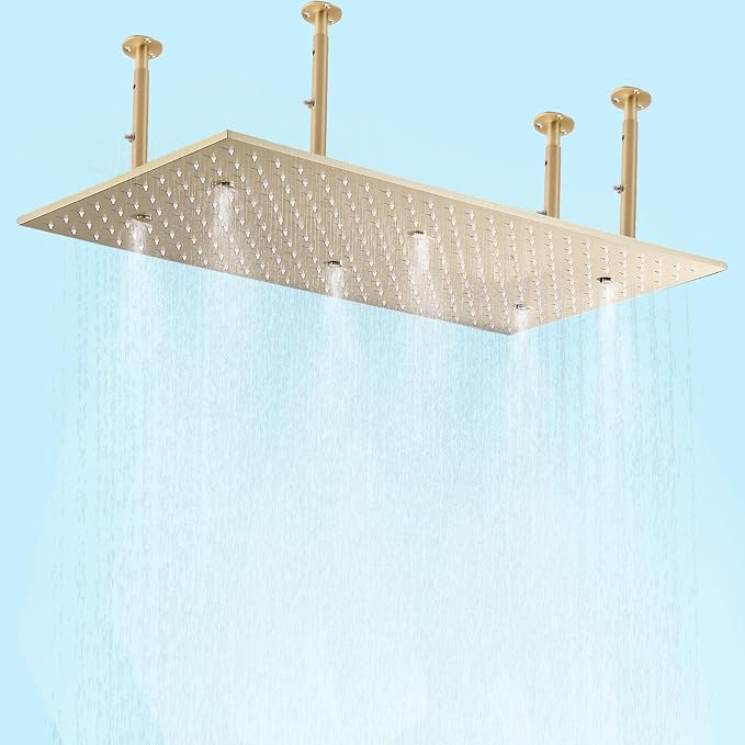2 Modes Luxury High Pressure Rain Shower Head, 16"x32" Super Large Ceiling Full Body Shower Head with Silicone Nozzles Rectangle Mist Showerhead, Brushed Gold Finish