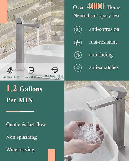 Tall Vessel Sink Faucet, Single Hole Bathroom Faucet with Pop-Up Drain, 304 Stainless Steel Brushed Nickel for Modern Bath/Vanity