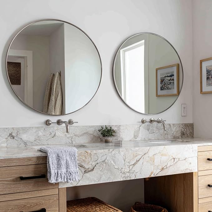 Silver Bathroom Mirror 30 inch, 2 Pack Wall Mirror with Metal Frame | High Definition Mirror, Easy Installation, Circular Mirrors for Living room Cloakroom, Hallway, Bathroom