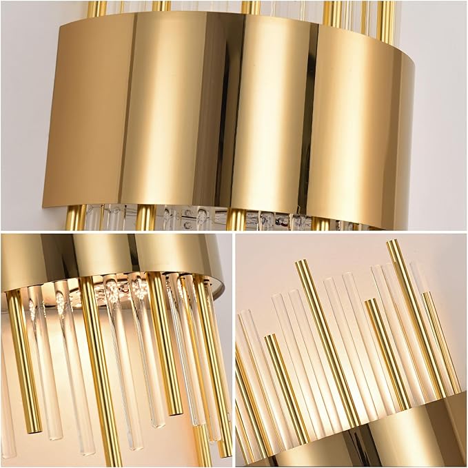 Gold Wall Sconces LED Dimmable Modern Crystal Wall Sconces Gold Wall Light Titanium Vanity Wall Light for Bedroom, Living Room, Dining Room Vanity Mirror Light, Dimmable 0-32W with Light Source,3000K