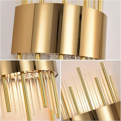 Gold Wall Sconces set of 2, LED Dimmable Modern Crystal Wall Sconces Set of Two, Gold Wall Light, Vanity Mirror Light, for Bedroom, Living Room, Dining Room, Dimmable LED 0-32W with Light Source,3000K
