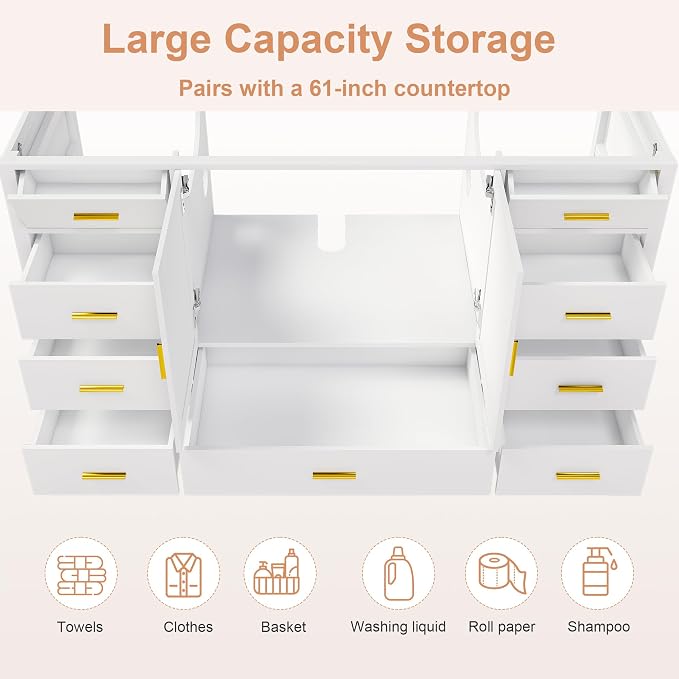 60'' Bathroom Vanity Without Sink,Multi-Functional Bathroom Cabinet with 2 Doors and 9 Drawers, Solid Frame,White(No Sink)