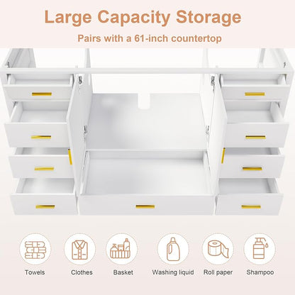 60'' Bathroom Vanity Without Sink,Multi-Functional Bathroom Cabinet with 2 Doors and 9 Drawers, Solid Frame,White(No Sink)