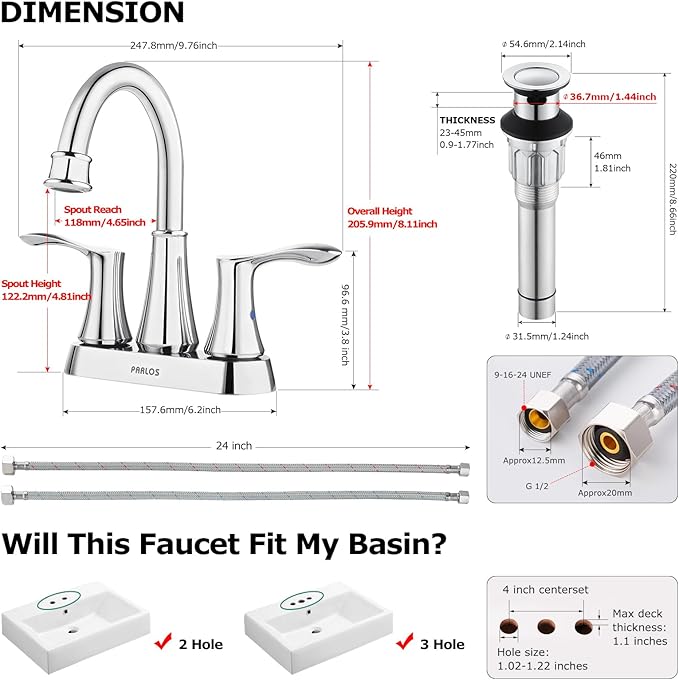 PARLOS Swivel Spout 2-Handle Bathroom Sink Faucet with Metal Pop-up Drain and Faucet Supply Lines, Chrome, Demeter 1362701