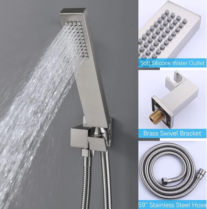16X32 Inch Ceiling Mount Large Rainfall Shower System Thermostatic Multi Jet Shower Faucet System Luxury Massage Shower Fixtures Set with 6 Body Spray Jets, Run All at the Same Time (Brushed Nickel)
