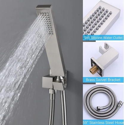 16X32 Inch Ceiling Mount Large Rainfall Shower System Thermostatic Multi Jet Shower Faucet System Luxury Massage Shower Fixtures Set with 6 Body Spray Jets, Run All at the Same Time (Brushed Nickel)