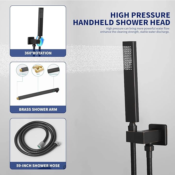 BWE Shower Faucets Sets 10 Inch Square Bathroom Luxury Rain Shower Head with Handheld Spray Wall Mounted Oil Rubbed Bronze Shower System Rough-in Valve Body and Trim Included