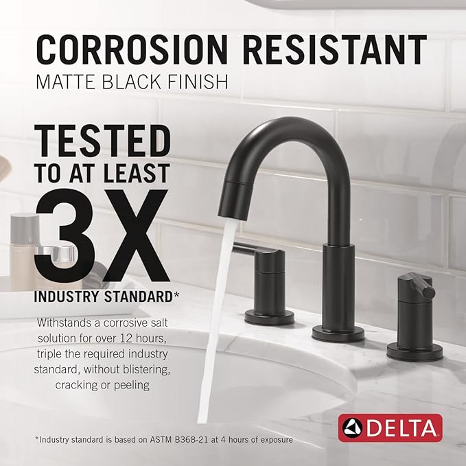 Delta Nicoli Matte Black Bathroom Faucet with Sprayer, 8 Inch 3 Hole Widespread Bathroom Sink Faucet with Pull Out Sprayer, Push-Pop Drain, Matte Black 35749LF-BLPD