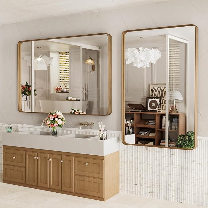 LOAAO 55X36 Inch Bathroom Mirror with Wood Grain Colored Metal Frame, Rounded Rectangle Metal Framed Bathroom Mirror, Anti-Rust, Hangs Horizontally or Vertically, Tempered Glass | Rounded Rectangle Metal Framed, Anti-Rust, Hangs Horizontally or Vertica...
