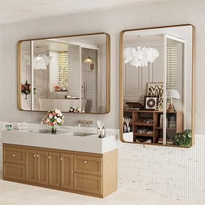 LOAAO 55X30 Inch Bathroom Mirror with Wood Grain Colored Metal Frame | Rounded Rectangle Metal Framed, Anti-Rust, Hangs Horizontally or Vertically, Tempered Glass